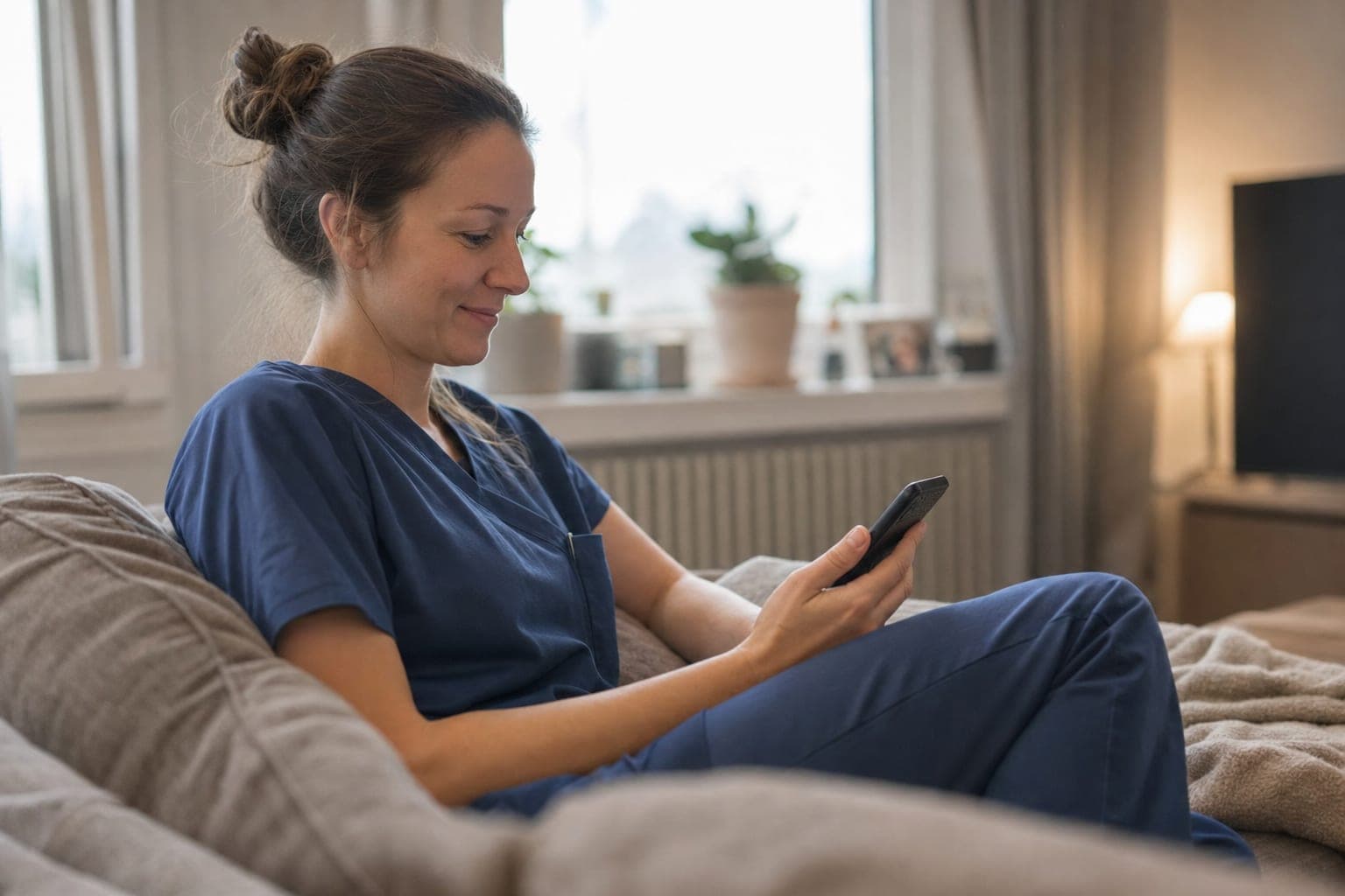 Fachkraft zuhause auf dem Sofa mit dem Telefon in der Hand